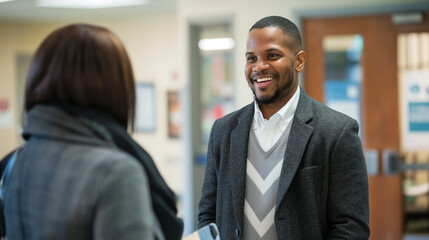 At a recruiting center entrance, a man receives a warm welcome from a recruiter, setting the tone for an informative and engaging conversation about career pathways.