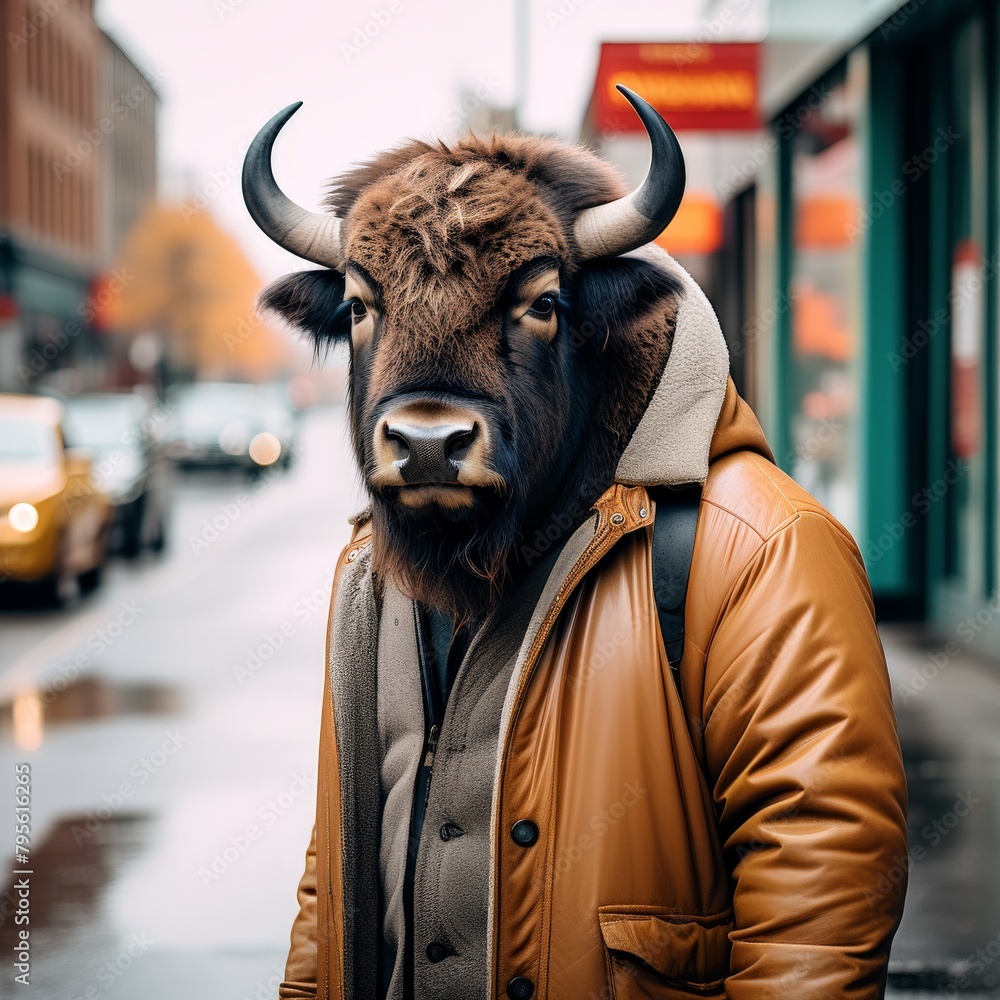 Wall mural bull in the street. portrait of a man with bulbul