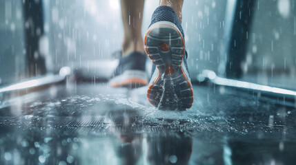 Close-up of the young woman's running shoes pounding the treadmill belt, with beads of sweat glistening on her forehead, highlighting the physical exertion and dedication to her fi