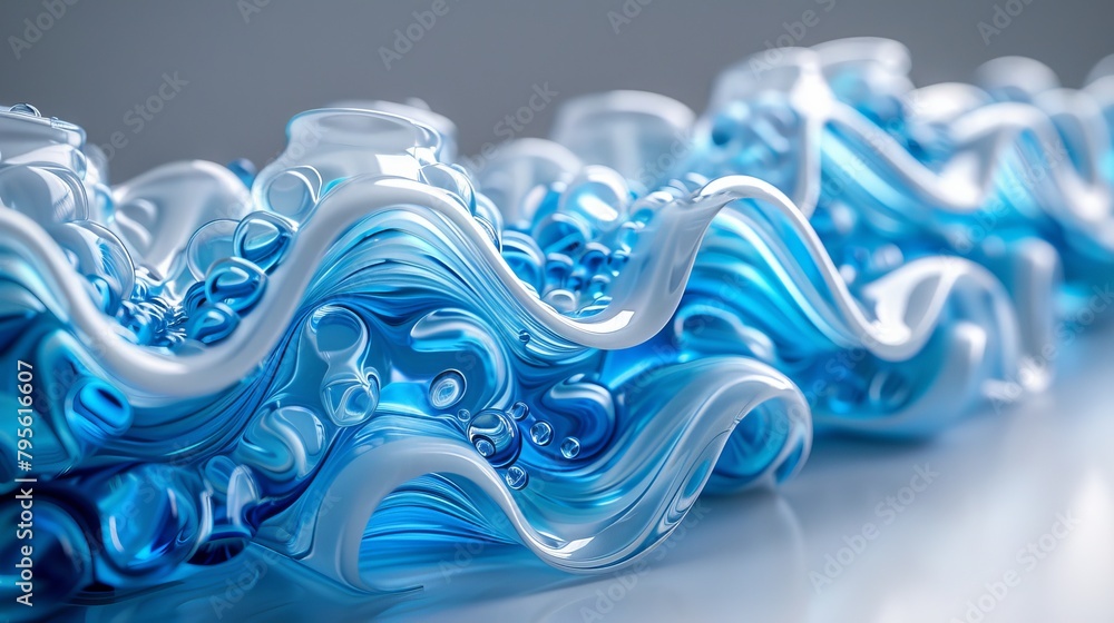 Poster a detailed view of a blue-and-white object, its upper part adorned with undulating designs