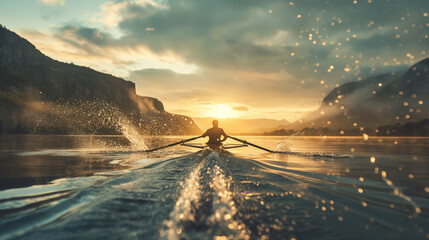 A rower powering through calm waters, oars slicing through the surface with rhythmic precision, leaving a trail of spray against a scenic backdrop.