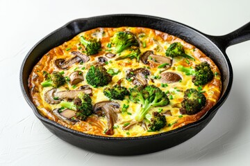 Broccoli and mushroom frittata in black cast iron skillet on white surface.