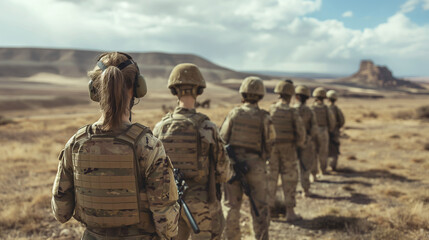 Against a backdrop of an expansive desert landscape, female soldiers in desert camouflage stand in formation, illustrating the readiness and adaptability of women in arid environme