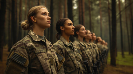 Amidst a forest clearing, a contingent of female soldiers stands resolute in formation, underscoring the integration of women into combat roles within the military.