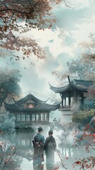 A romantic novel cover in soft pastels, featuring an intimate scene set within a traditional Japanese garden, evoking timeless love - obrazy, fototapety, plakaty