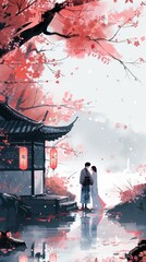 A romantic novel cover in soft pastels, featuring an intimate scene set within a traditional Japanese garden, evoking timeless love