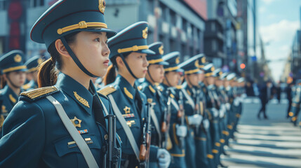 In a bustling city center, a formation of female soldiers in ceremonial dress marches with precision, showcasing the public face of women's conscription and military service.