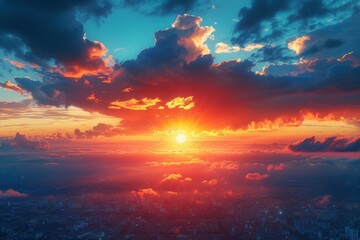 Fototapeta premium Breathtaking view of a city skyline against a dramatic backdrop of clouds and sunset