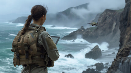 Against a coastal backdrop, a female army scout controls a drone above a rocky shoreline, scanning the tablet for potential landing zones or hidden threats amidst the crashing wave - obrazy, fototapety, plakaty