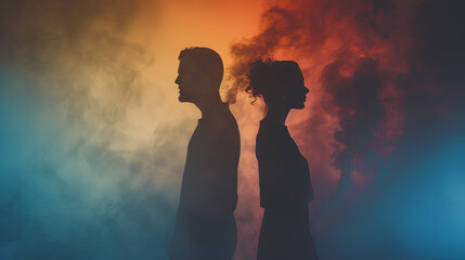 Silhouetted couple, emotional intensity, relationship divergence, marriage clash, powerful conflict illustration