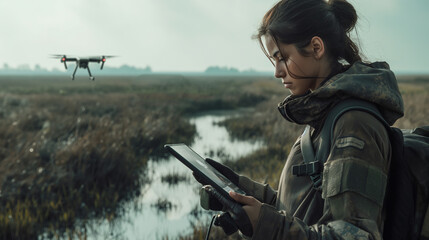 In a coastal marshland, a determined female reconnaissance operator pilots a drone over waterlogged terrain, her tablet displaying live telemetry data to assess navigable routes an
