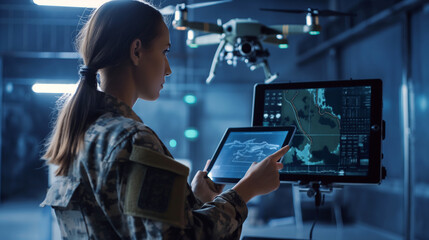 In a futuristic training facility, a female soldier operates a state-of-the-art reconnaissance drone indoors, her tablet displaying 3D mapping of simulated combat environments for