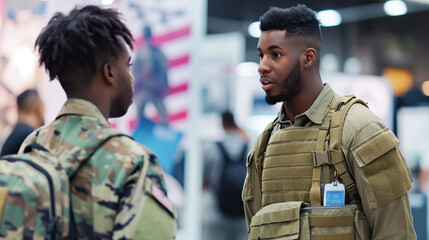 Fototapeta premium At a recruitment booth, a confident man talks animatedly with a welcoming army recruiter, surrounded by displays showcasing the diverse roles and benefits of military service.