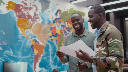 Obraz premium Inside a recruitment office, a man reviews paperwork with a cheerful recruiter, their interaction captured against the backdrop of a large map displaying global military operations