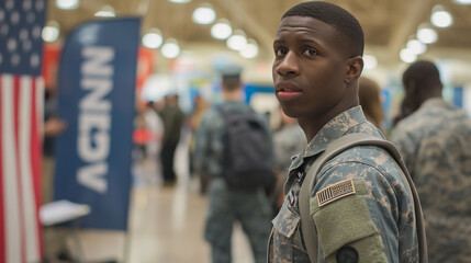 At a career fair, a man listens attentively to a recruiter's presentation, surrounded by banners and displays highlighting the pride and purpose of military service. - obrazy, fototapety, plakaty