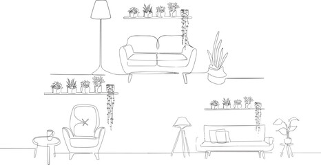 Continuous one line drawing of sofa and wall shelf with potted plants and floor lamp. 