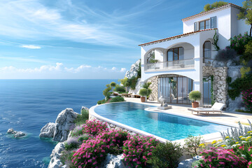 Traditional Mediterranean white house with pool on hill with stunning sea view, perfect for summer vacation background. - obrazy, fototapety, plakaty