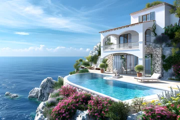 Foto op Canvas Traditional Mediterranean white house with pool on hill with stunning sea view, perfect for summer vacation background. © NE97