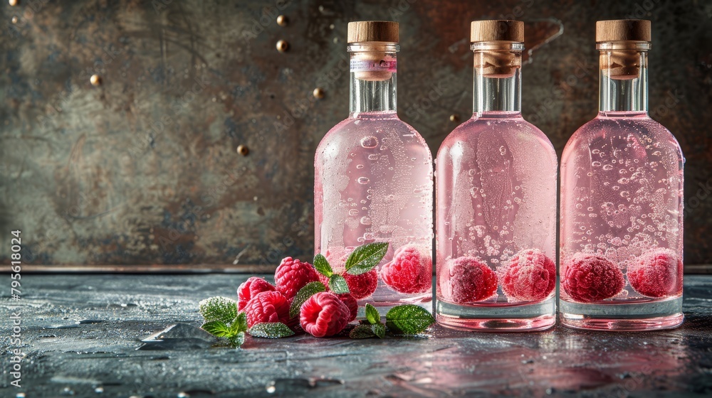 Poster three bottles of raspberry water, each adorned with raspberries on the sides a few additional raspbe