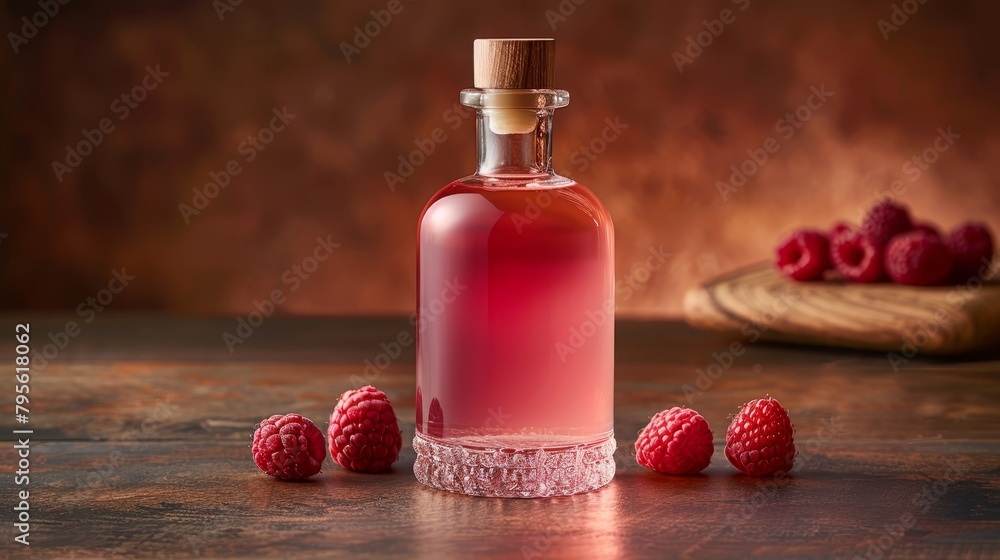 Poster a bottle of raspberry syrup sits on the table raspberries are arranged in the foreground, while a bo