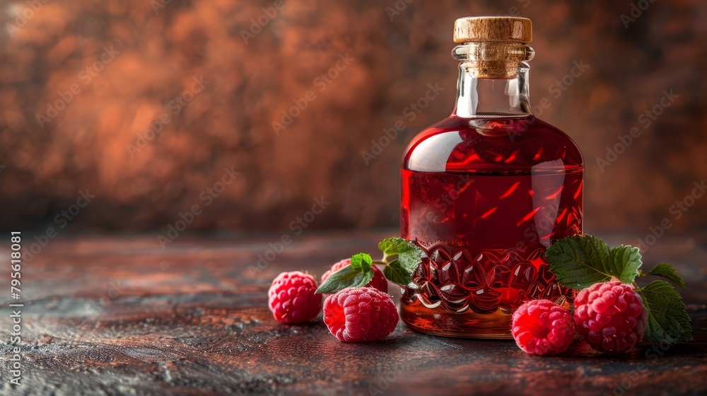 Poster a bottle of raspberry syrup, adorned with three raspberries on one side and two on the other