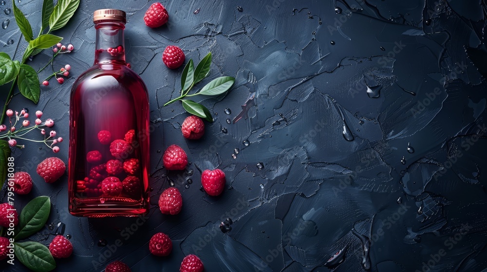 Poster a dark backdrop features a bottle of raspberry syrup encircled by fresh raspberries and autumnal lea
