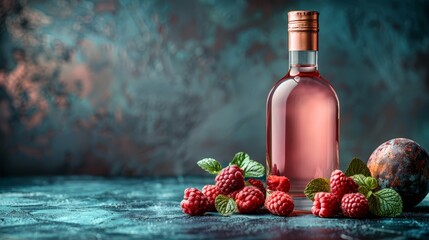  A bottle of wine sits next to ripe raspberries and a pomegranate with attached leaves on a blue tablecloth