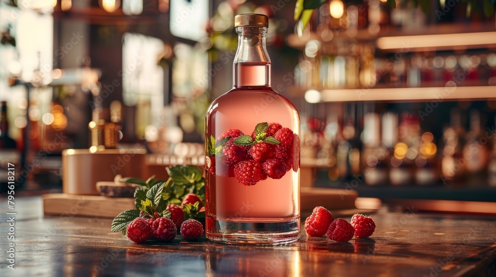 Poster a bottle of raspberry wine and counterside raspberries on the table