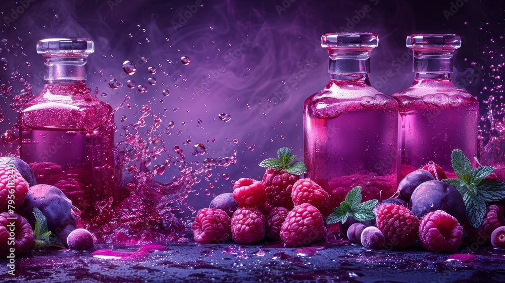 Poster a collection of bottles, each holding liquid, sits next to a display of ripe raspberries and an arra