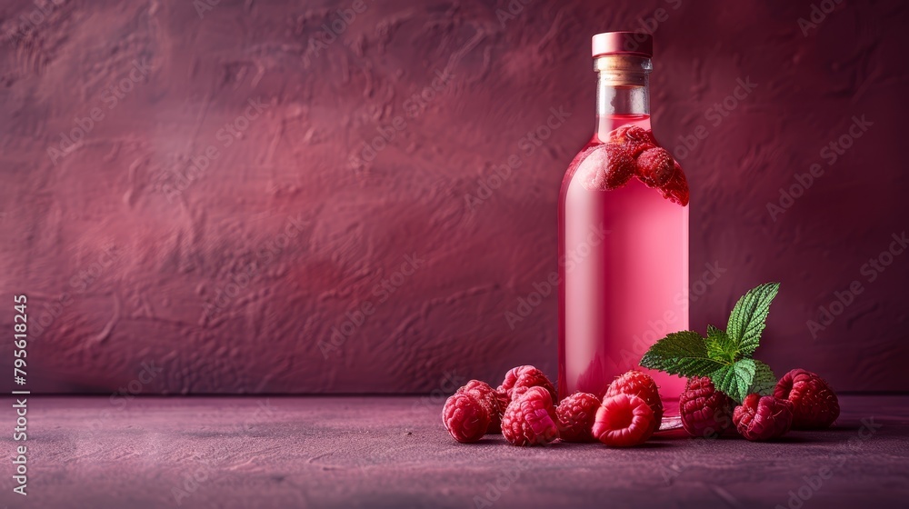 Poster a bottle of raspberry wine alongside fresh raspberries and a single leaf