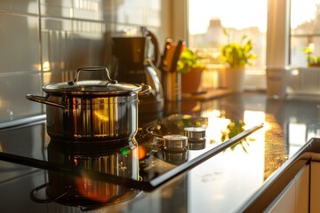 Detail in kitchen interior, glass ceramic hob with stainless steel saucepan and cupboard at sunset sun light. Modern furniture and contemporary household appliance in apartment