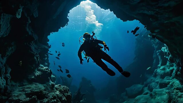 Scuba deep sea diver swimming in a deep ocean cavern. Underwater exploration