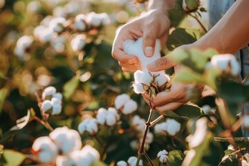 A person is holding cotton balls in a field of cotton flowers. The scene is peaceful and serene, with the cotton flowers swaying in the breeze