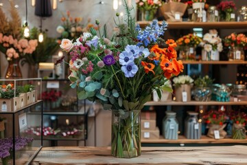 Fototapeta na wymiar Flower shop with mix of fresh anemone, blooming wildflowers in vase, green eucalyptus branch and blue poppy. Shop and delivery concept. Wooden table and showcase stand in store, high angle view