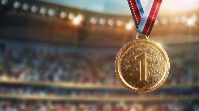 Close-up of a gold medal for first place, with a sports stadium in the background