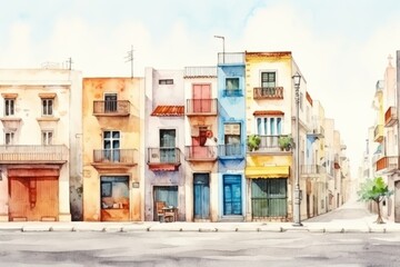 Watercolor illustration city street architecture building house.