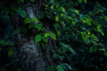 Forest at night, tree bark and green leaves.