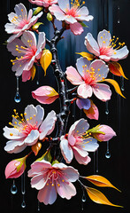 Art oil painting, blooming sakura with dew drops in the rain on a black background, Vector illustration, art illustration for interior decoration, background for smartphones,