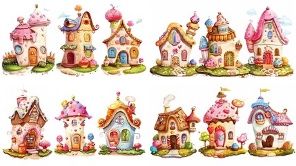 Fototapeta premium cute fairytale cartoon house clipart isolated on white background, cupcake cream hut, Generative Ai