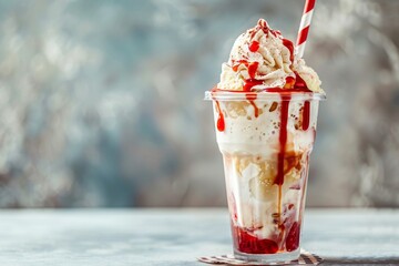 Ice cream float in tall glass with red and white striped paper straw.
