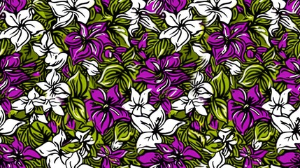   White and purple flowers against a green and purple background, featuring leaves and blossoms