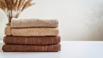 Stack of folded brown towels on table, light wall on background. Home laundry. Housekeeping concept