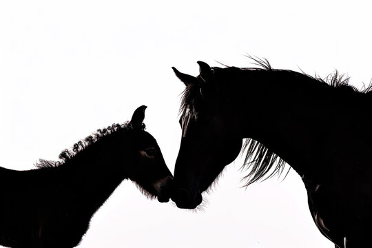 Horse and foal silhouette, tender moment as they nuzzle, serene, white background.