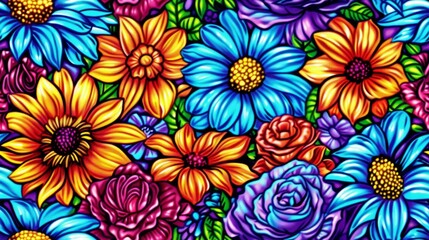   A painting featuring a central arrangement of flowers with varying colors and sizes creates a multicolored backdrop