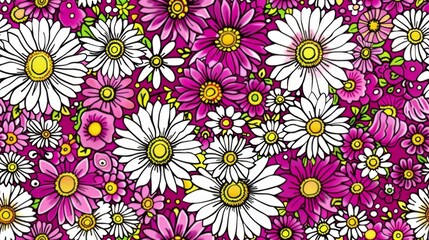 Fototapeta na wymiar A collection of pink and white daisies against a purple and white backdrop, featuring a yellow circle as its centerpiece