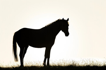 Obraz na płótnie Canvas Horse silhouette at dusk, standing still, serene end-of-day vibe, white background.
