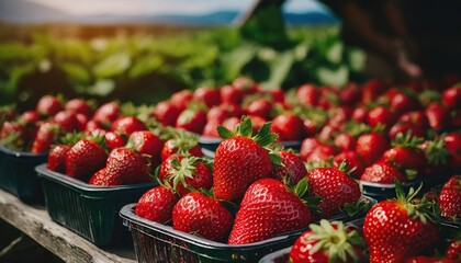 Freshly picked red strawberries displayed in trays