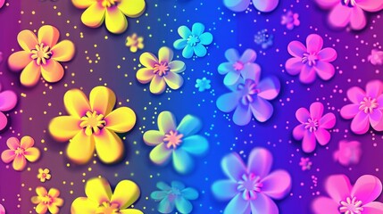   A collection of various colored flowers against a backdrop of purple and blue, with a pink and yellow bloom at the center