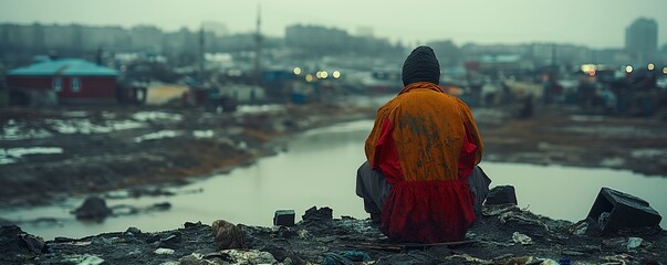 Person in orange robe sitting by urban waterside