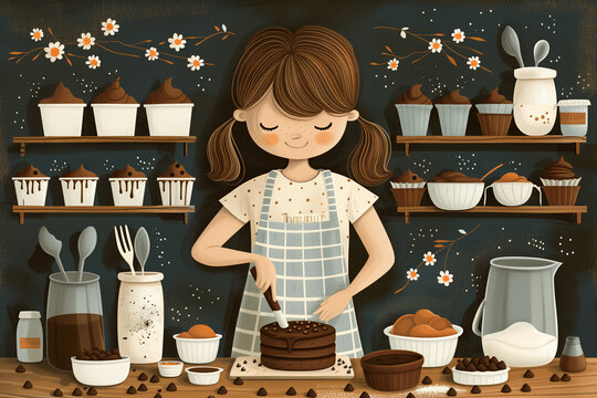 This heartwarming illustration depicts a young girl with a tender smile, meticulously frosting a multi-layer chocolate cake, surrounded by an array of baking utensils and ingredients in a rustic kitch